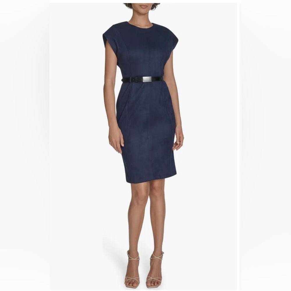 Calvin Klein Dark Blue Suede Sheath Dress with Belt